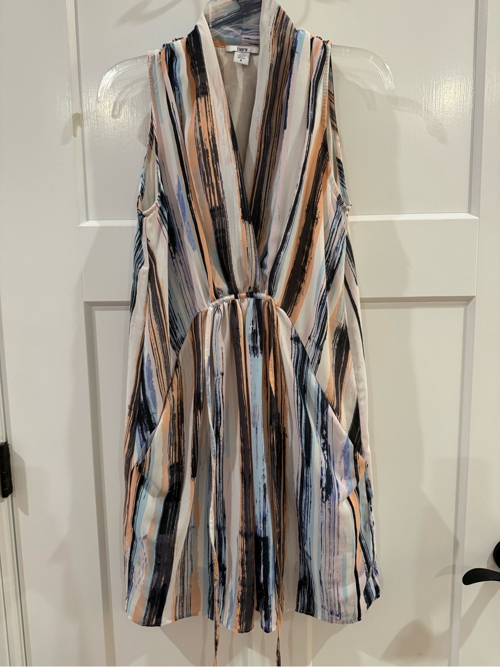 Bar III Striped V-Neck Mini Dress in Blue, Black, Peach